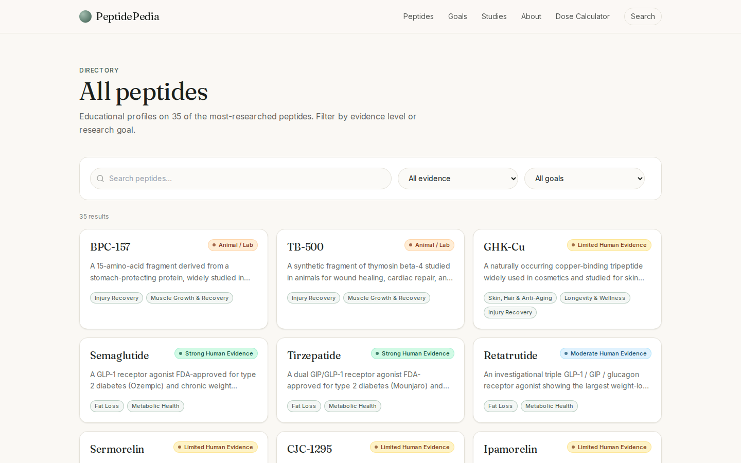 Peptide directory and dosing calculator